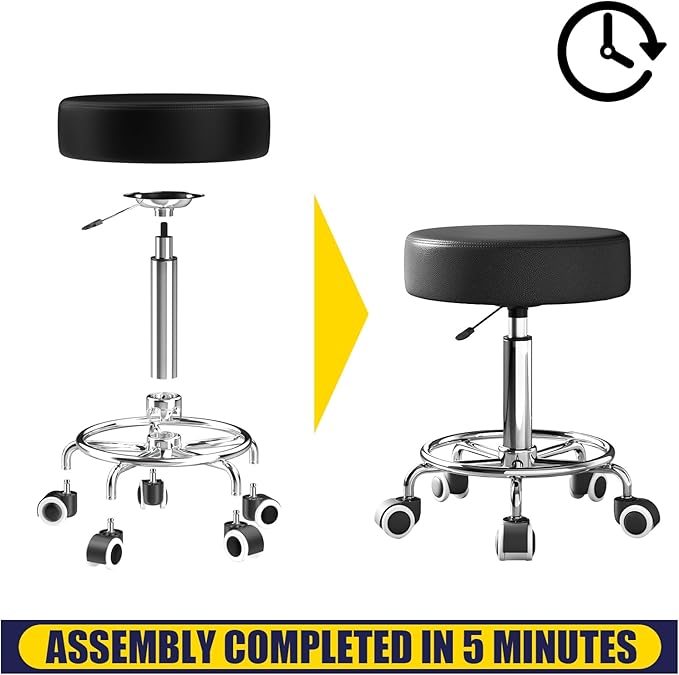 Rolling Stool, Heavy Weight Capacity 250lb, PU Leather Rolling stools, Ultra Soft Padded Seat, Rolling Stools with Wheels and Footrest, 360° Swivel, Spa Drawing Salon Work Office Tattoo Stool (black)