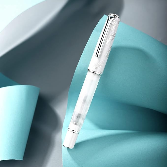 Hongdian N8 White Acrylic Resin Fountain Pen, Long Blade Fine Nib Silver Plated Feather Carving Cap Smooth Writing Pen with Converter and Metal Pen Box Set