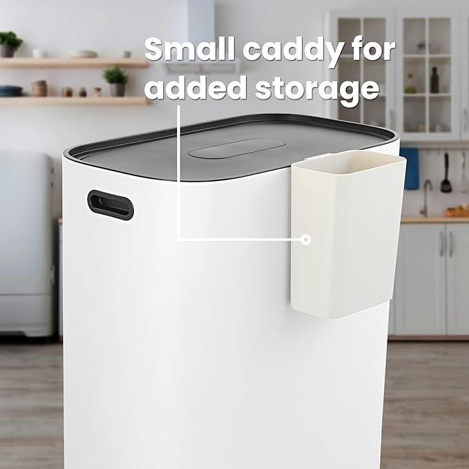 happimess HPM1014C Beni Kitchen 16-Gallon Double-Bucket Step-Open Trash Can with Soft-Close Lid, Modern, Minimalistic, Fingerprint Proof for Home, Kitchen, Laundry Room, Office, Bathroom, White
