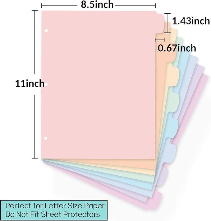 Sooez 8-Tab Durable Plastic Write & Erase Big Tab Dividers for 3 Ring Binder, Aesthetic Cute Pastel Binder Dividers for Student, Teacher, Office, Home Organizers, 6 Sets, Pastel