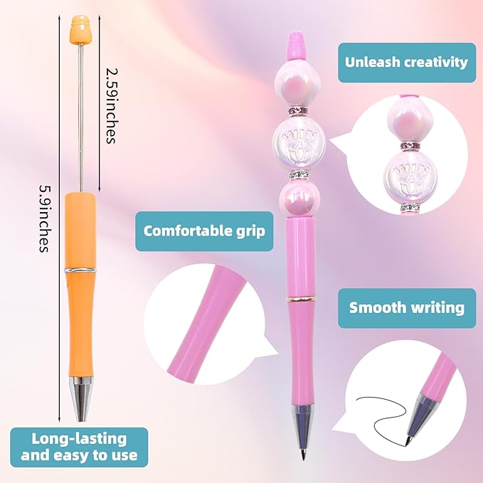 45 Pieces Beadable Pens - Beaded Pens Sweet Plastic Diy Black Ink Ballpoint Pens Bulk - Bead Pens Suitable For Teacher, Students, Office, School, Graduation Gift Supplies