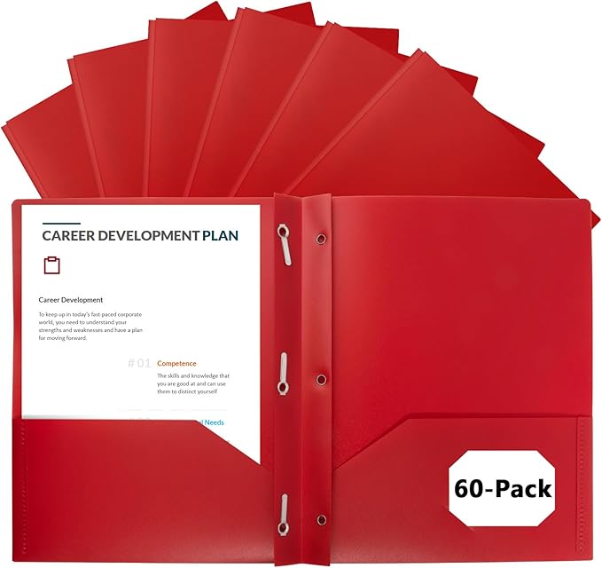 60-Pack Plastic Folders with Pockets and Prongs,2-Pocket Folders with 3 Fasteners, Poly Folders Holds 8-1/2" x 11" Paper for School/Office/Home, Red