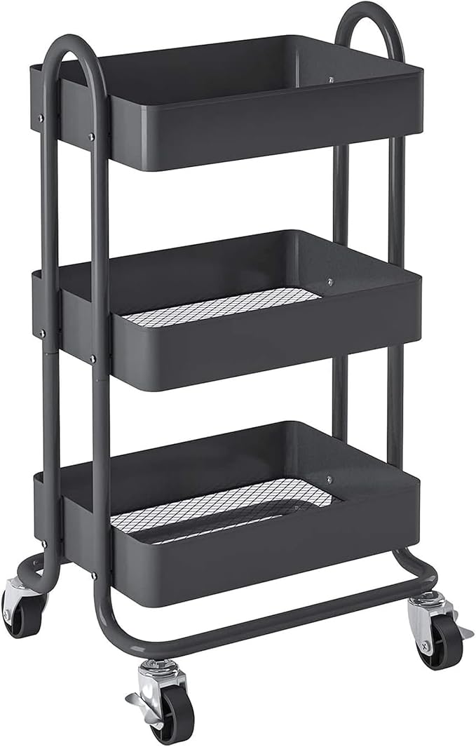 3-Tier Rolling Metal Storage Organizer,Mobile Utility Cart,Kitchen Storage Carts with Caster Wheels,Rolling Utility Cart Suitable for Office,Home,Kitchen,Garden（13.4"x18.1"x31"） Dark Grey