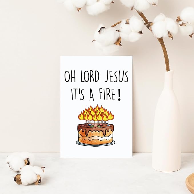 Funny Birthday Cake Card for Friend Bestie Women, Snarky Humor Happy Birthday Card for Him & Her - Oh Lord Jesus It's A Fire