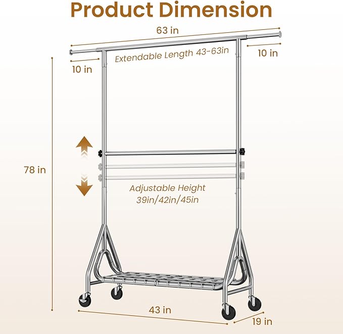 Double Rods Clothing Rack, Heavy Duty Clothes Rack for Hanging Clothes Load 560LBS, Metal Rolling Garment Racks with Wheels, Freestanding Clothes Hanging Racks, Silver