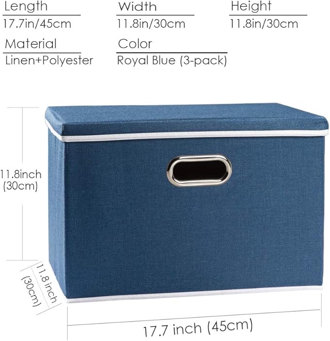 PRANDOM Large Collapsible Storage Bins with Lids [3-Pack] Fabric Foldable Storage Boxes Organizer Containers Baskets Cube with Cover for Home Bedroom Closet Office Royal Blue(17.7x11.8x11.8)