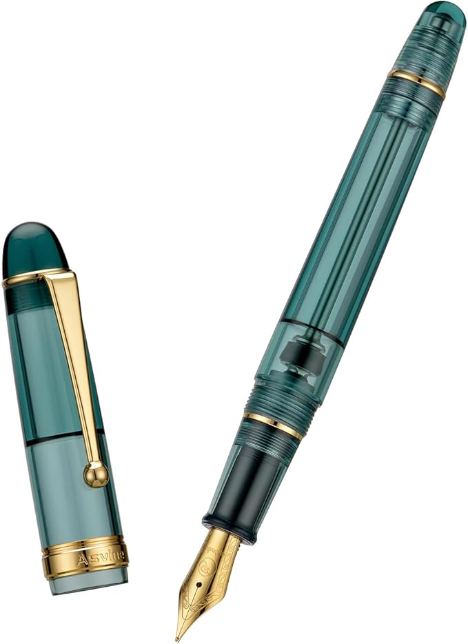 Asvine V126 Vacuum Filling Fountain Pen Transparent Teal Acrylic, Medium Nib Large-Capacity with Gift Case