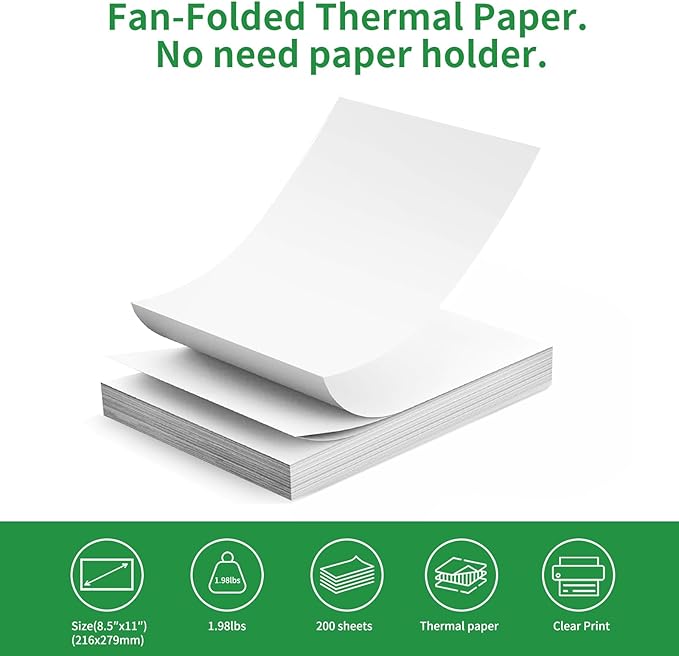 Thermal Printer Paper 8.5 x 11 Inch US Letter Size, Quick-Dry Fan-Folded Thermal Paper, Advanced Thermal Printing, Compatible with Gloryang&JADENS PD-A4 Portable Printer, 200 Sheets