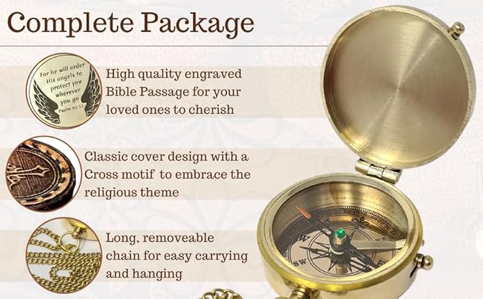Brass Compass Engraved with Religious Scripture Verse - Ideal Gift for Son, Grandson, Daughter - Perfect for Baptism, Communion, Church and Graduation Day Present