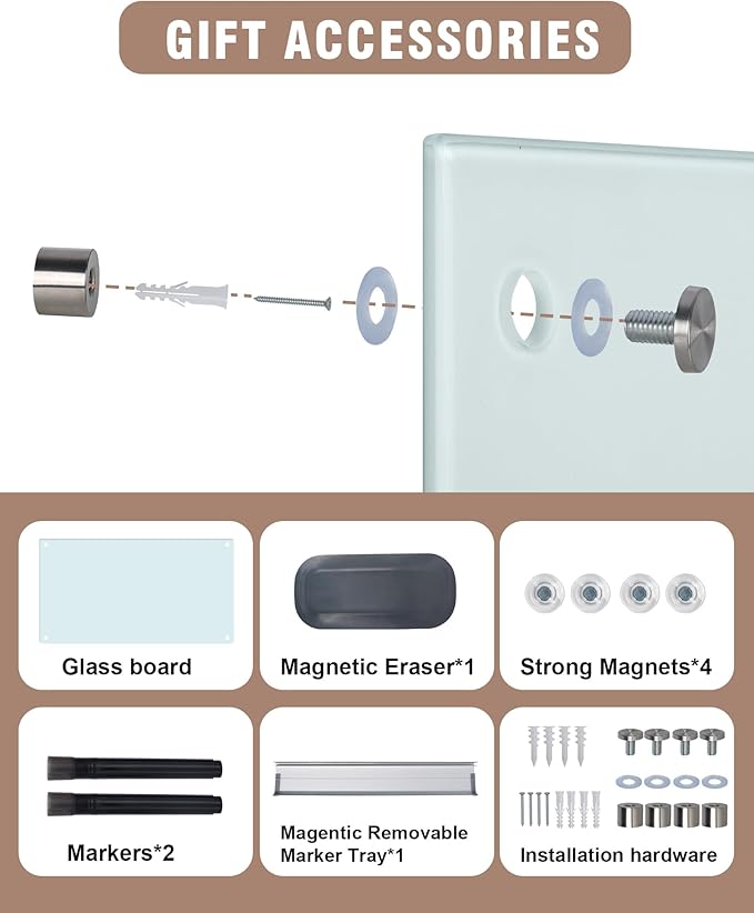 Magnetic Glass Whiteboard，24"x18" Wall Mounted Frameless Dry Erase Board for Office, Home & School White
