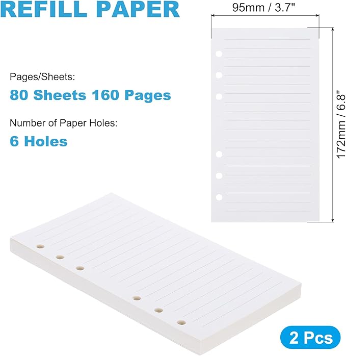PATIKIL A6 Ruled Refills Inserts 6-Ring Binder Loose Leaf Planner Filler Paper Planner Inserts, 160 Sheets/320 Pages, Lined, White