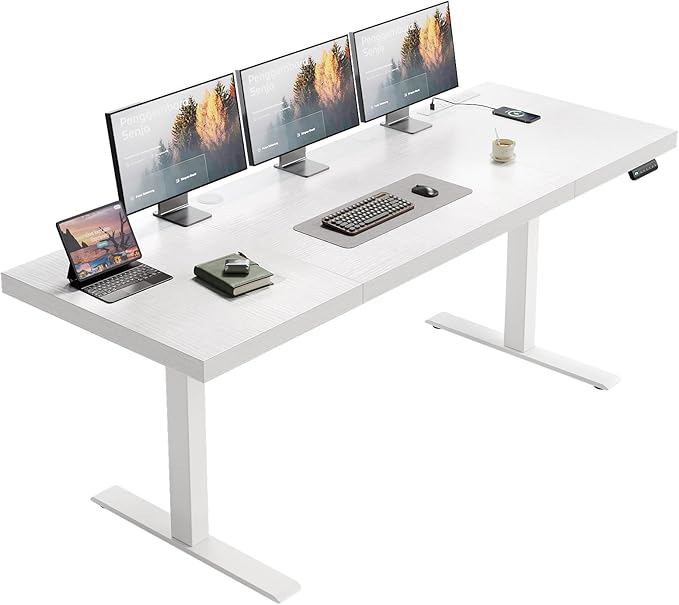 OffiGo Electric Standing Desk with 3-Piece Board, 71 Inch Height Adjustable Large Table with Power Outlets, Sit Stand Table, Writing Computer Desk for Home, Office, Workstation, White