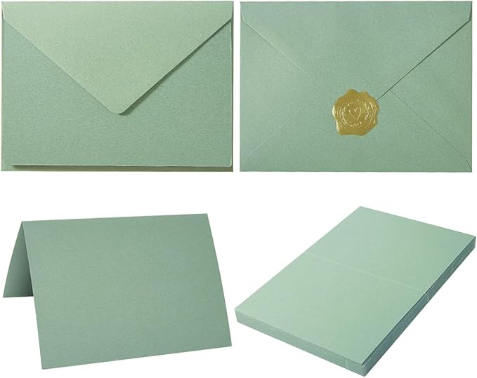 50 Pack Sage-Green A6 Envelopes with Cards 4x6 Thick Folded Cardstock and Gold Stickers for Greeting Cards, Wedding, Birthday, Invitations, Baby Showers (Sage-Green, 4x6)
