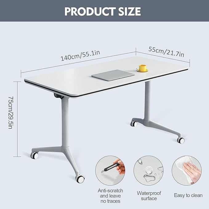 Folding Conference Room Table, Modern Mobile Training Table with Wheels, White Foldable Seminar Meeting Tables for Office Corporations (2pack 55.1in)