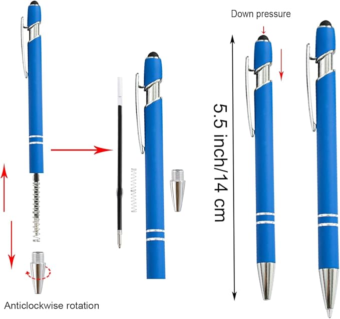 PASISIBICK 12 Pieces Blue Ballpoint Pen with Stylus Tip, 2 in 1 Stylus Stylish Pen, Blue Metal Stylus Pen for Touch Screens, Black Ink, 1.0 mm Medium Point(12 PCS Light Blue)