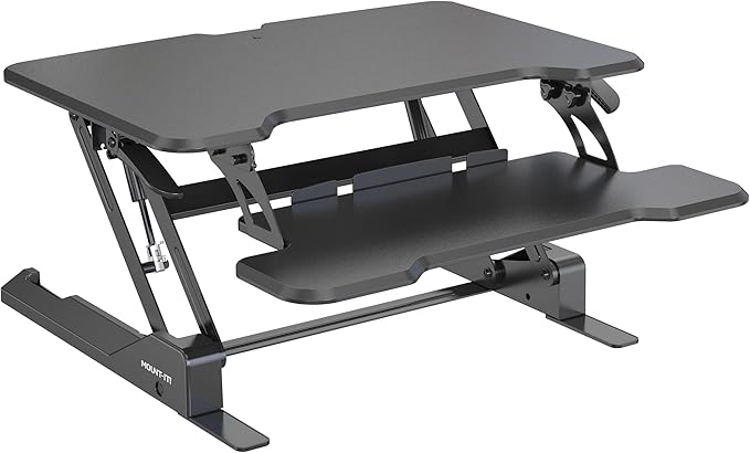 Mount-It! Height Adjustable Standing Desk Converter, Compact 30” Wide Tabletop Standing Desk Riser with Gas Spring, Desktop Stand Up Workstation with Keyboard Tray Fits Monitor or Laptop, Black