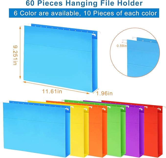 60 Pack Hanging File Folders Letter Size, Colored Hanging Folders with 1/5-Cut Adjustable Tab, Extra Capacity Hanging File Folders, 1 Inch Expansion, Perfect Office, Home, Classroom Supplies