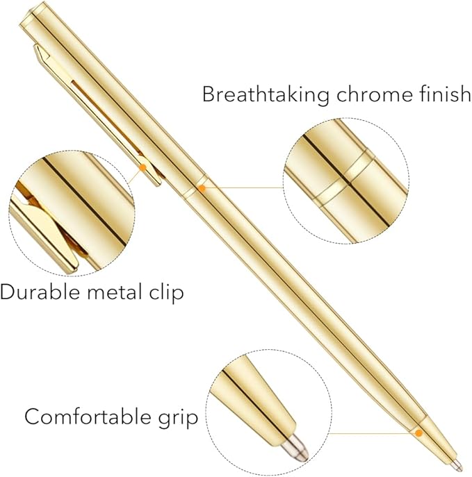 Unibene 12 Pack Gold Slim Ballpoint Pens Black ink Medium Point(1 mm), Nice Gift for Wedding Business Office Students Teachers Christmas