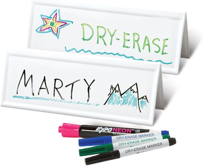 Trainers Warehouse Heavy Duty Premium Standard Size (11" x 4") Set of 24 Reusable Dry-Erase Name Cards | Set Includes, Tent Cards, Markers, Mini-Erasers & Tote