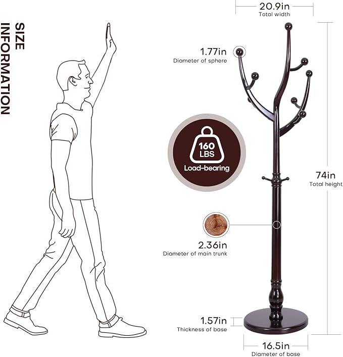 Coat Rack Tree Freestanding with Hooks, Heavy Duty Standing Wood Coat Rack with Solid Round Base, 74” Tree Shaped Coat Hanger Stand for Clothes, Hat, Jacket, Entryway Bedroom, Red Brown