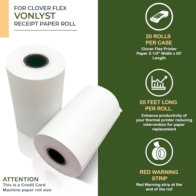Thermal Paper Roll for Clover Flex Receipt Paper 2 1/4 x 55 (20 rolls)