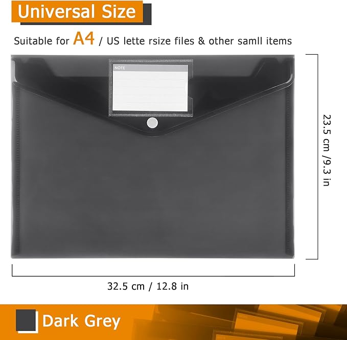 Tamaki 6 Pack Plastic Envelopes Poly Envelopes, Clear Document Folders Plastic File Folders for Home Work Office Organization, Letter Size/A4 Size(Dark Grey)