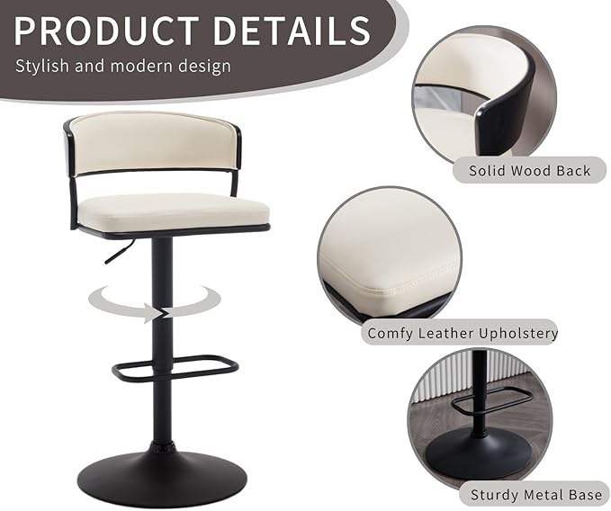 Adjustable Modern Bar Stools Set of 4 Faux Leather Barstools Swivel Counter Height Bar stools with Curved Back/Black Metal Base Comfy Upholstered Bar Chairs for Kitchen Island, Beige
