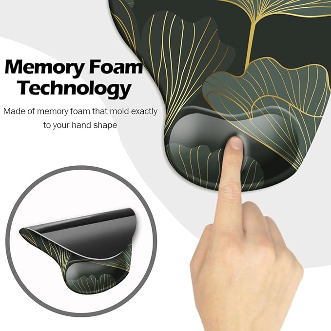 DOOKE Ergonomic Mouse Pad with Wrist Support and Coaster,Mouse Pads with Non-Slip PU Base for Home Office Working Studying Easy Typing & Pain Relief Green Leaf