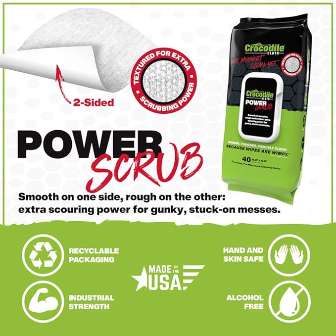Crocodile Cloth Power Scrub - 40 (15" x 10") Heavy Duty Cleaning Wipes. Safe on Skin & Multiple Surfaces. Infused with Aloe & Vitamin E. Textured, Large, Pre-Moistened & Absorbent.