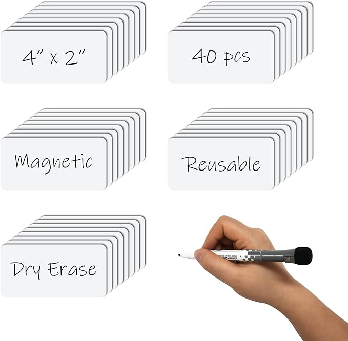Reusable Magnetic Labels 4x2 Inch White, Dry Erase Magnetic Labels for Whiteboards，Pack of 40