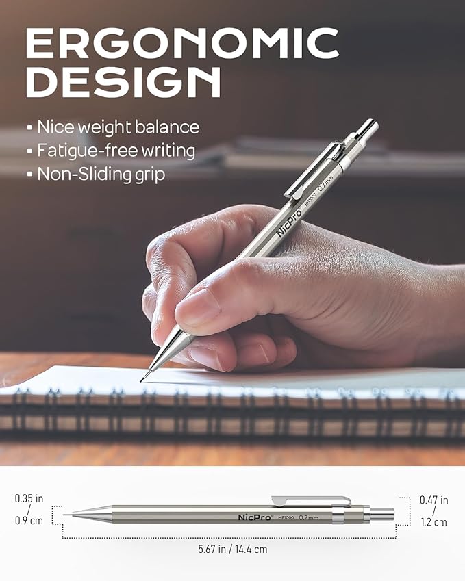 Nicpro 4 Pack Mechanical Pencil 0.7mm with Case, MB1000 Metal Mechanical Pencil Set with 8 Tube HB #2 Lead Refill 0.7 mm, 3PCS 4B Eraser, 9 Cap Eraser for Artist Drafting Writing, Sketching, Drawing
