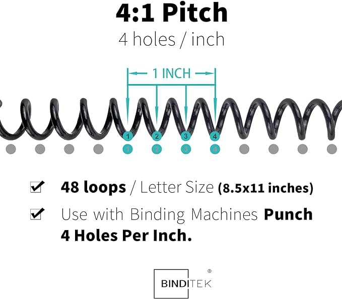 Binditek 50 Pack Plastic Spiral Binding Coils, 12mm(1/2"), 90 Sheet Capacity, 4:1 Pitch, Black, 48Loops, for Letter Size, for Students and Coworkers