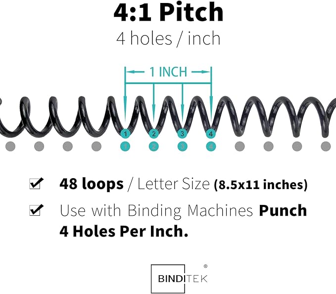 Binditek 100 Pack Plastic Spiral Binding Coils, 6mm(1/4"), 30 Sheet Capacity, 4:1 Pitch, Black, 48Loops, for Letter Size, for Students and Coworkers