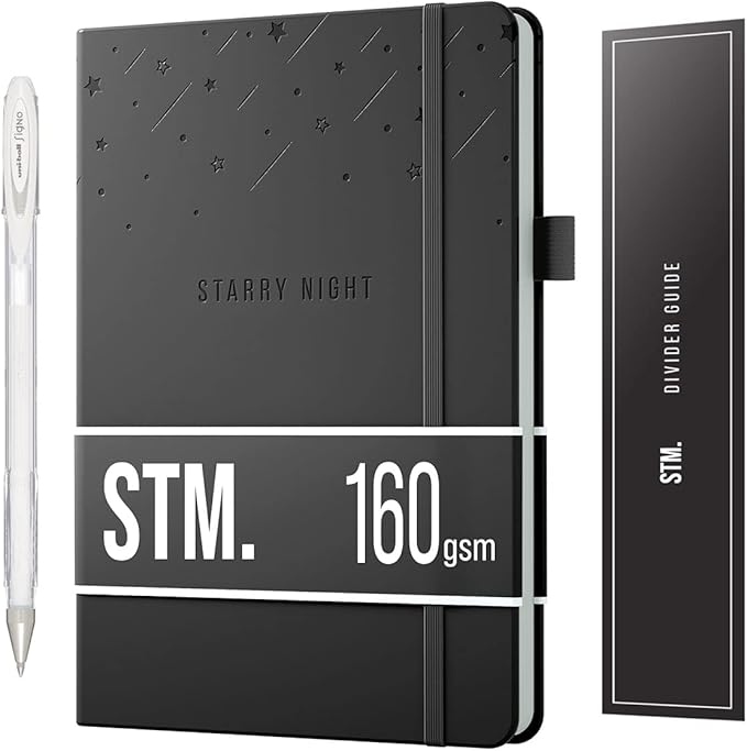 Black Paper Bullet Dotted Journal Notebook | A5 Starry Night by Scribbles That Matter | Free white gel pen | 160gsm Blackout no-bleed dot grid paper | For Men and Women | 5.75 x 8.5 in | Black