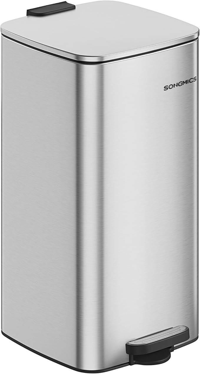 SONGMICS Kitchen Trash Can, 8-Gallon (30 L) Trash Bin, Stainless Steel Garbage Can, with Inner Bucket, Soft Close and Stays Open, Metallic Silver ULTB593E01