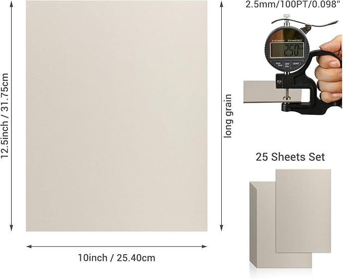 25 Pcs Book Board, Binder Board, Cover Board, Heavy Duty Chipboard for Book Binding, DIY Cardboard (Gray, 10 x 12.5 Inch 100PT)