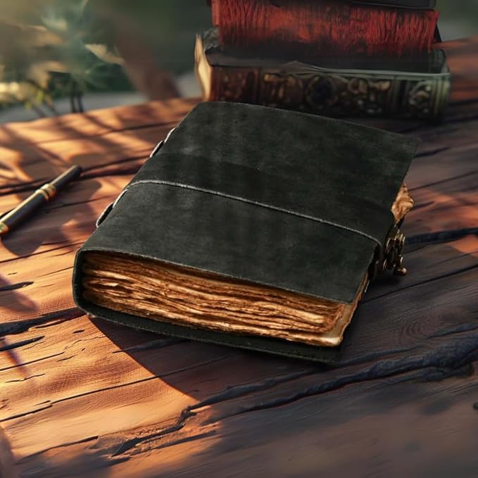 LEATHER VILLAGE Leather Bound Vintage Journal for Women & Men - Book of Shadows - Lock Closure - 200 Pages of Antique Deckle Edges Handmade Paper - Rustic Black Color - 7 X 5 inches