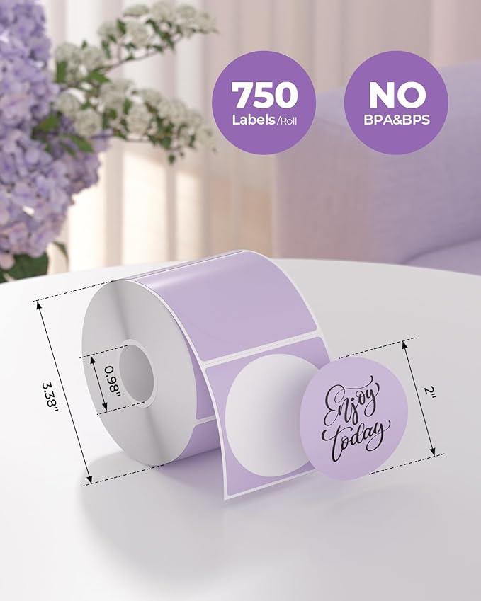 MUNBYN 2 Inch Purple Circle Thermal Sticker Labels, Multi-Purpose Self-Adhesive Round Direct Thermal Labels for Logo Design, QR Code, 750 Sheets/1 Roll