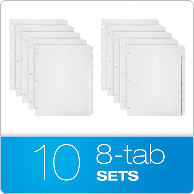 Oxford Blank Write On Binder Dividers, Dividers for 3 Ring Binder, Durable Plastic, 1/8 Cut Tabs, 3 Hole Punch Dividers in 8 Tab Sets, 80 Dividers, 10 Sets, White (89982)