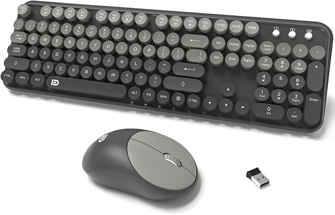 Wireless Keyboard and Mouse Combo, 104 Round Keys Cute Colorful Cordless Keyboard and Mouse with Retro Typewriter Black
