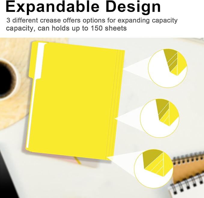 File Folder, RAZCC 150 Pack 1/3 Cut Tab File Folders Letter Size, Yellow, Folders with Tab, Great for Organizing and Easy File Storage