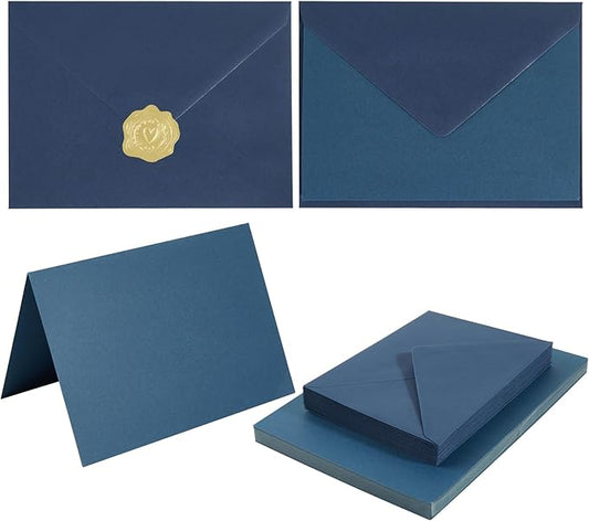 50 Pack Navy Blue A6 Envelopes with Cards 4x6 Thick Folded Cardstock and Gold Stickers for Greeting Cards, Wedding, Birthday, Invitations, Baby Showers (Navy Blue, 4x6)