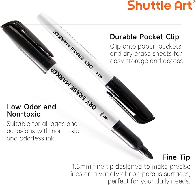 Shuttle Art Dry Erase Markers, 16 Pack Black Whiteboard Markers,Fine Tip Dry Erase Markers for Kids,Perfect for Writing on Whiteboards, Dry-Erase Boards,Mirrors,Calender,School Office Supplies