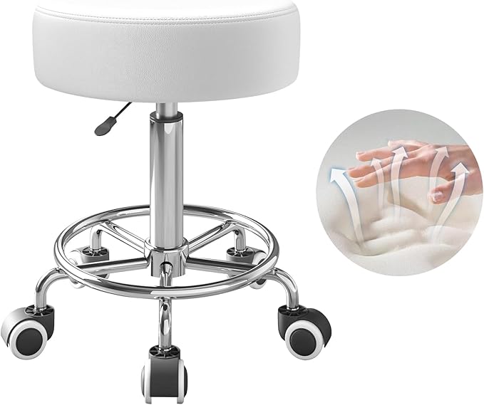 Rolling Stool, Heavy Weight Capacity 250lb, PU Leather Rolling stools, Ultra Soft Padded Seat, Rolling Stools with Wheels and Footrest, 360° Swivel, Spa Drawing Salon Work Office Tattoo Stool (white)