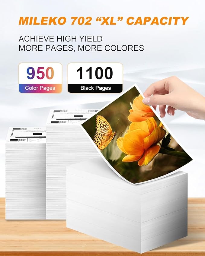 MILEKO 702XL Ink Cartridges Remanufactured Replacement for Epson 702XL 702 702 XL T702XL use with Workforce Pro WF-3720 WF-3730 WF-3733 Printer (1 Black 1 Cyan 1 Magenta 1 Yellow,4 Pack High Yield)