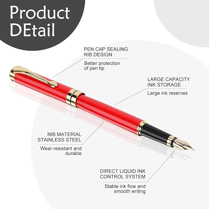 Tiankool Luxury Fountain Pen,Fine Nib, Exquisite Pen Gift Set for Men&Women-Includes 10 Ink Cartridges&Ink Converter- Nice Pens - Red
