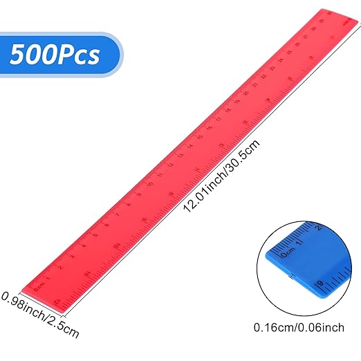 Zonon 500 Pcs 12 Inch Plastic Ruler Assorted Colors Rulers with Centimeters Millimeter and Inches Shatterproof Straightedge Bulk for Classroom School Home Office Kids