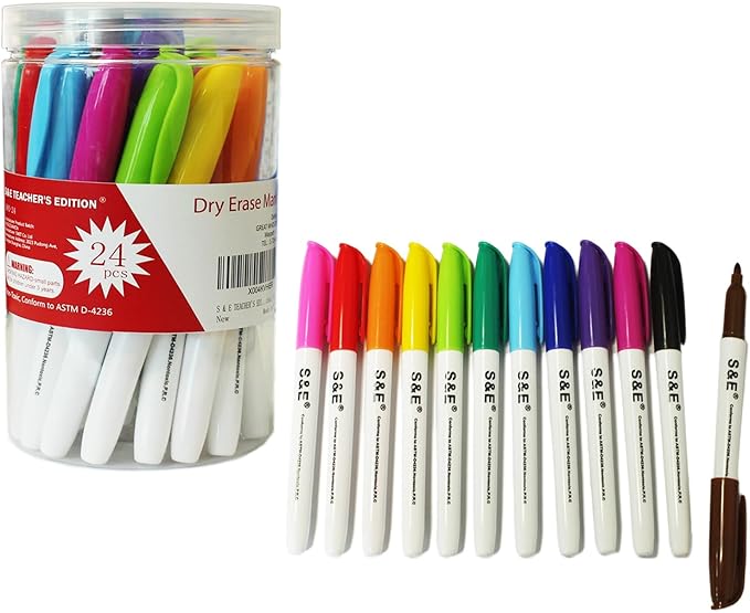 S & E TEACHER'S EDITION 24 Pcs Dry Erase Markers, 12 Assorted Colors with Low-Odor Ink, Fine Tips Whiteboard Markers, for School, Office, Home