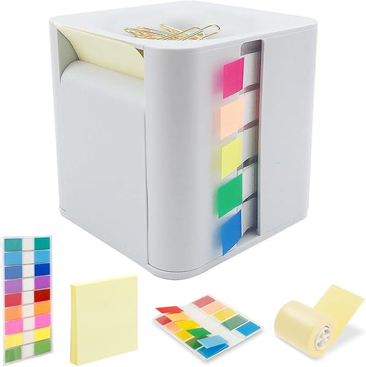 5-in-1 Note Dispenser and Holder with Self-Adhesive Notepad and Color Flat Labels, Note Organizer for Home, School, Office (White)