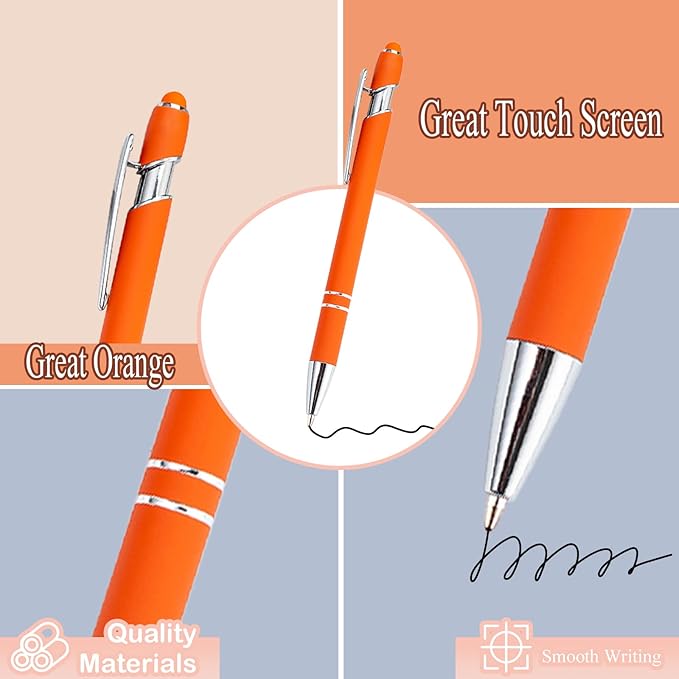 Pasisibick 12-Pack Orange Ballpoint Pens with Stylus Tip - 2 in 1 Metal Stylus, 1.0 mm Medium Point, Smooth Pen for Touch Screen Tablet
